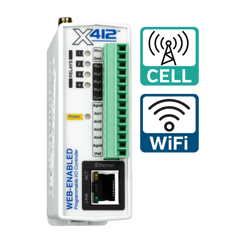 ControlByWeb X-412C: rele ja AI ohjain; LAN, WLAN ja 4G LTE-M