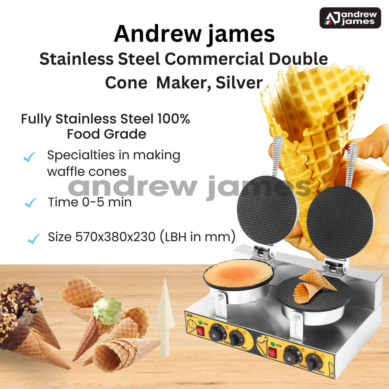 andrew james Double Round  Waffle Cone maker 
