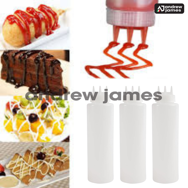 Andrew James Pack of 6 Transparent 3 Way Squeeze Bottle Dispenser 1000 ML - Plastic Squeeze Bottles for Ketchup BBQ Sauce Syrup Condiments Mustard Mayo Hot Sauce Olive Oil Dressing