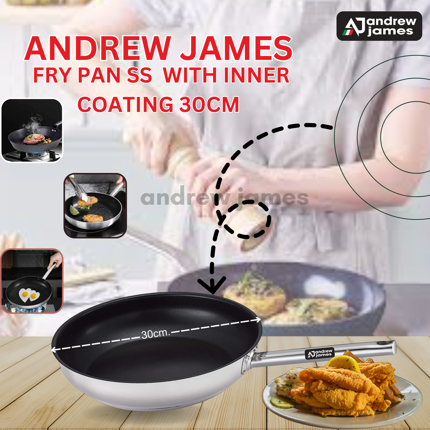 SS FRYPAN WITH INNER TAFLON COATED 30 CM