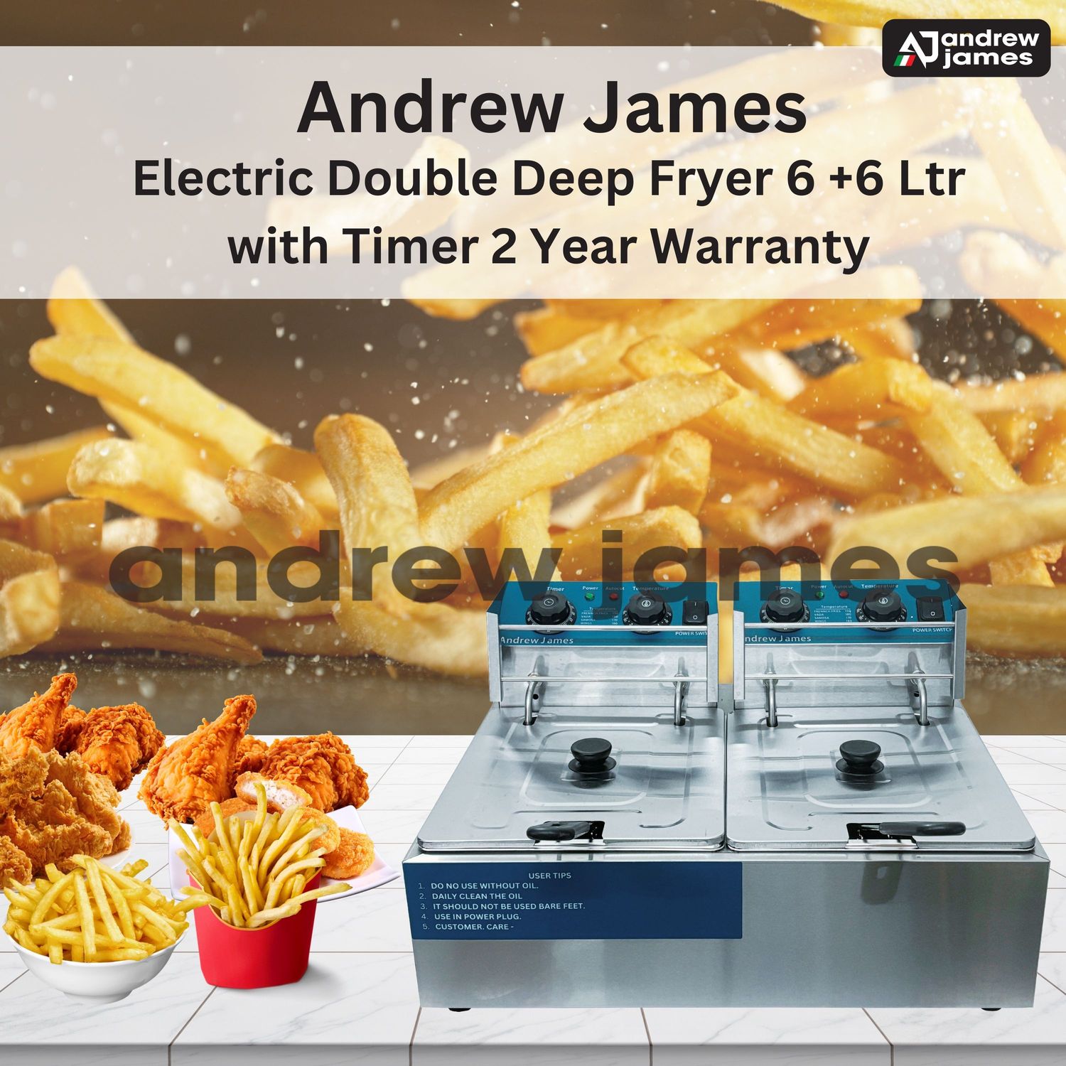 Andrew James Electric Double Deep Fryer 6+6 Ltr with Timer