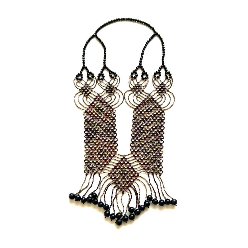 AWAJUN ENKEPA BREASTPLATE BEADED NECKLACE ARGYLE AUBERGINE