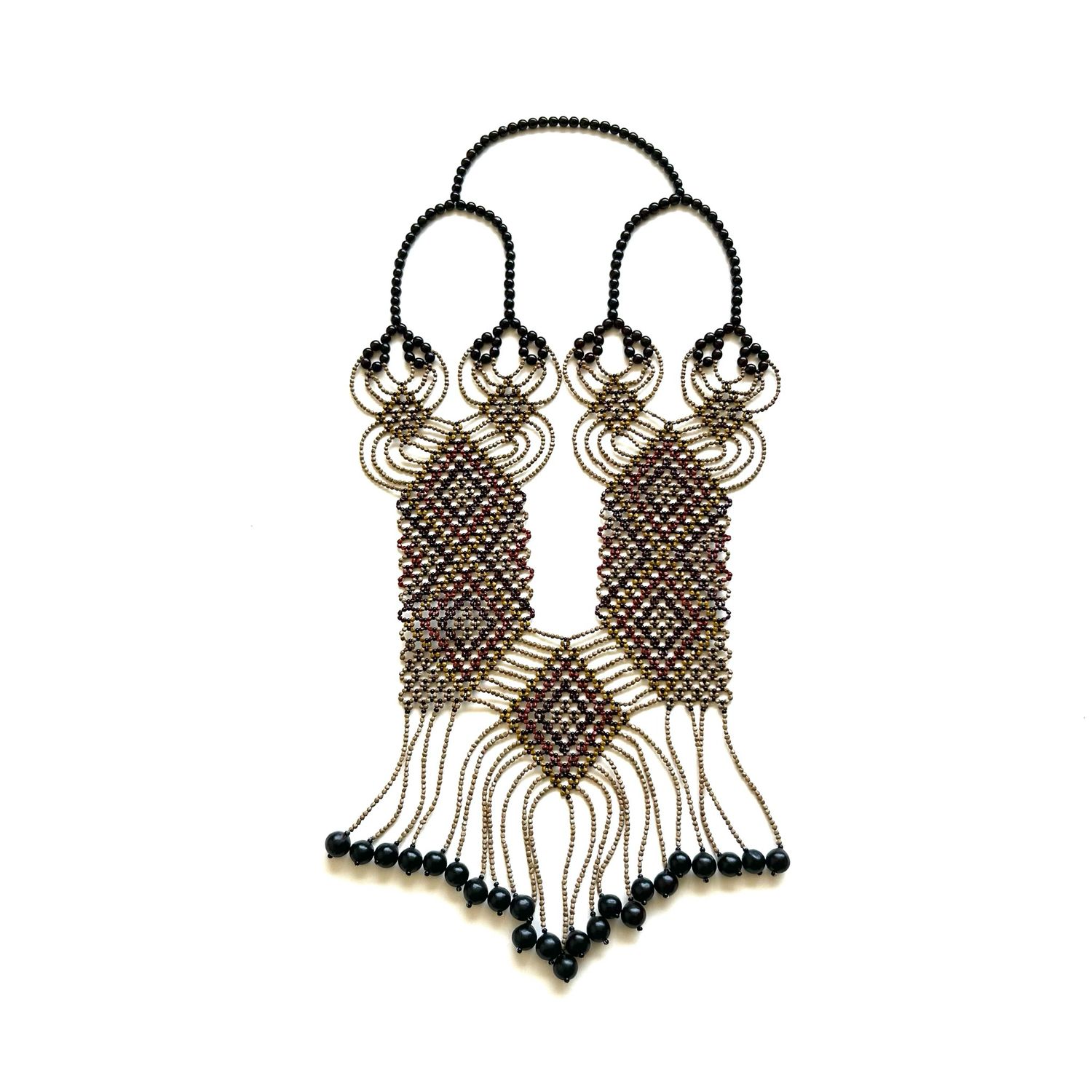 AWAJUN ENKEPA BREASTPLATE BEADED NECKLACE AUBERGINE WINE