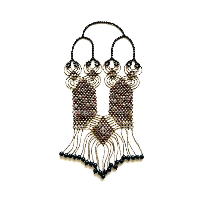 AWAJUN ENKEPA BREASTPLATE BEADED NECKLACE AUBERGINE WINE