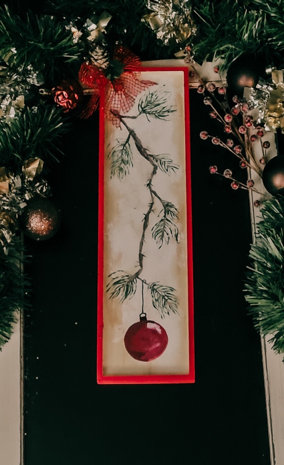Tree branch with a red ornament 17"X5" orginal painting