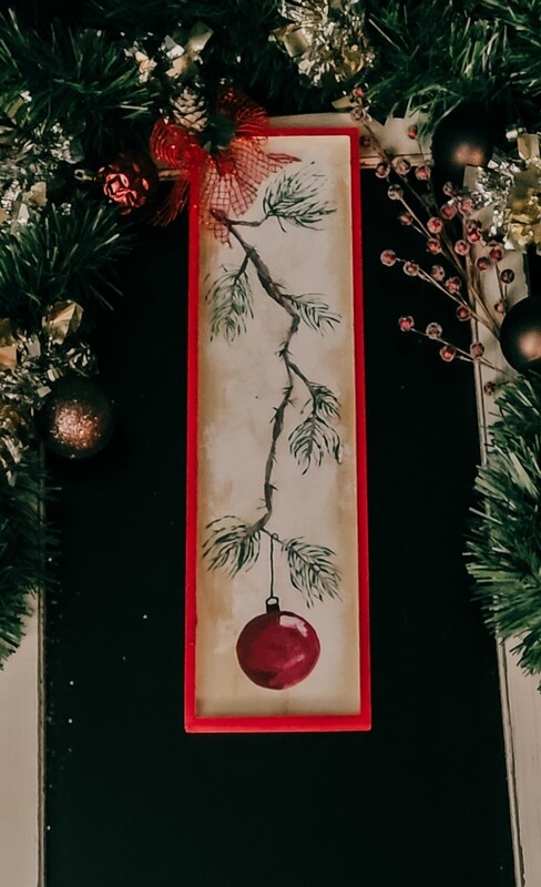 Tree branch with a red ornament 17"X5" orginal painting