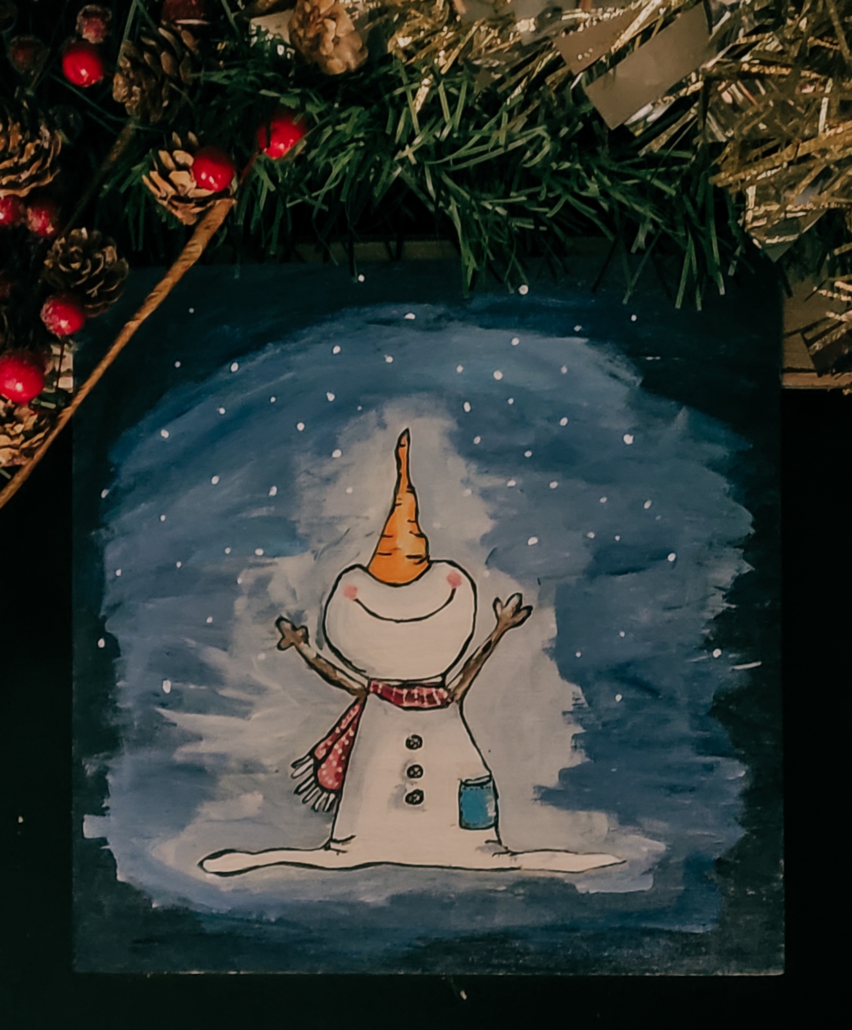 Smiling Snowman 8x8 wooden wall hang or shelf decor