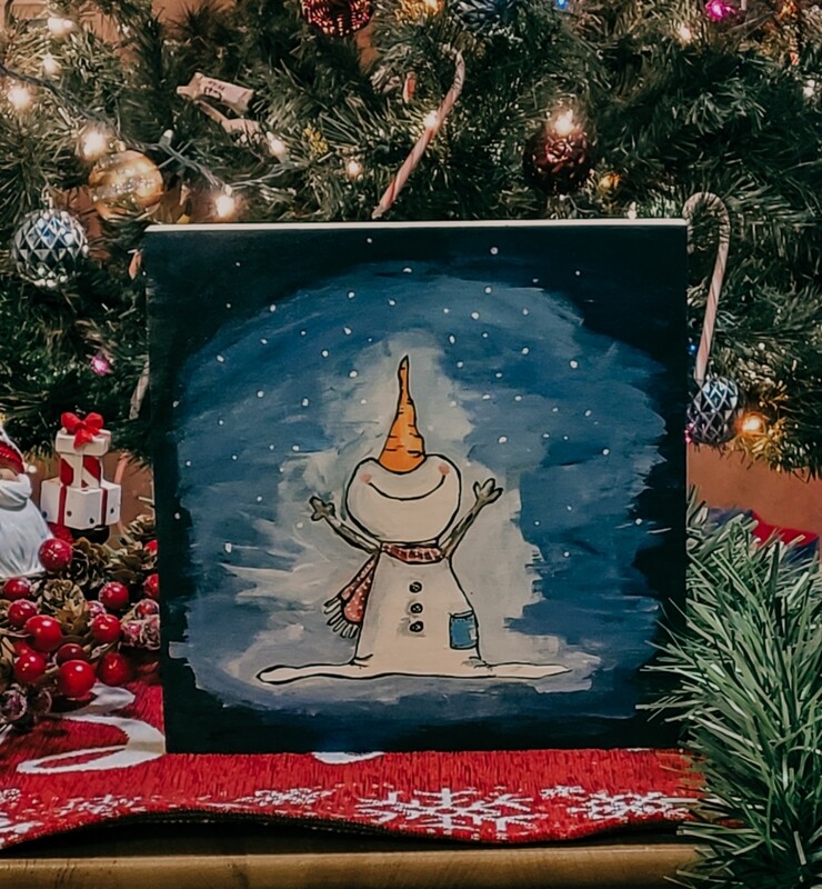 Smiling Snowman 8x8 wooden wall hang or shelf decor