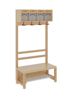 Komplettgarderobe mit Ablage & Boxen – offene Stütze & Aluminiumrost Komplettgarderobe mit Ablage & Boxen – offene Stütze & Aluminiumrost