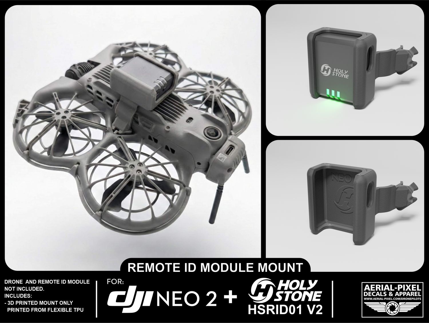 DJI Neo 2 Remote ID Mount for Holy Stone, Ruko, Potensic, DroneTag