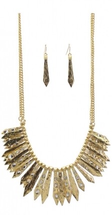 Crystal Inline Spear Tip Fringe Double Chain Necklace Set Gold Tone Clear 9501-031