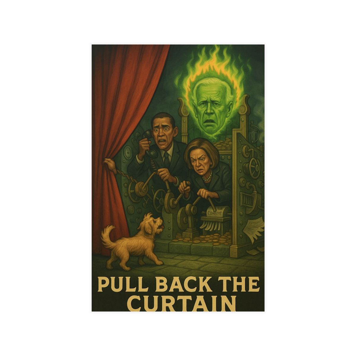 Political Satire Matte Poster - Pull Back the Curtain, Wall Art, Home Decor, Gift for Activists, Unique Artwork, Statement Piece, Sizes: 11″ x 17″ (Vertical), Finish: Matte