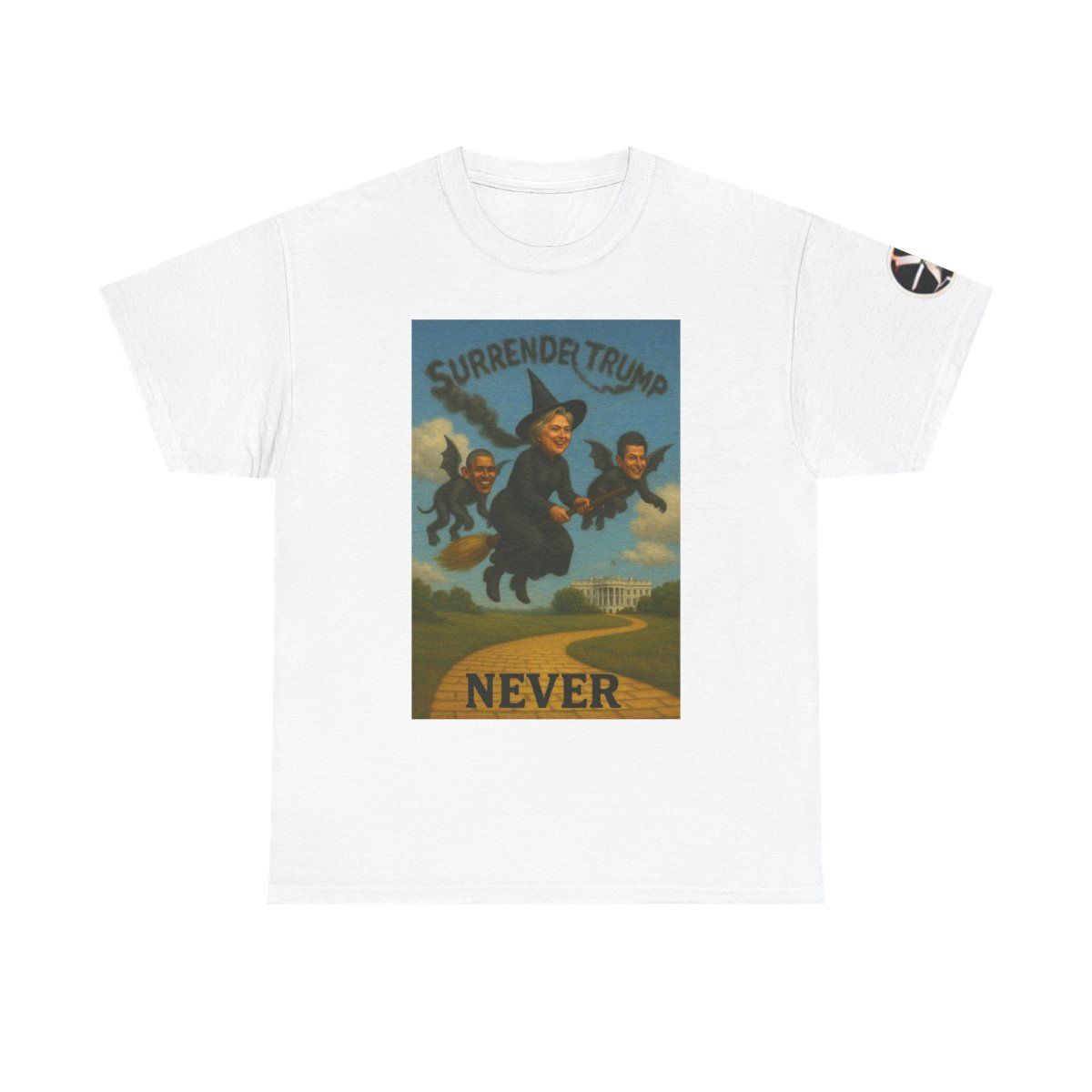 Political Statement Tee, Funny Graphic Shirt, Surrender Trump Never Tee, Unisex Cotton Tee, Gift for Activists, Casual Wear, Colors: White, Sizes: S