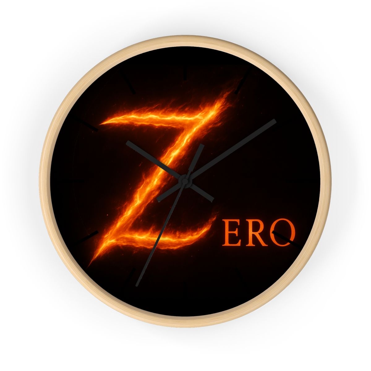 Fiery Zero Wall Clock, Unique Home Decor, Gamer Gift, Modern Wall Art, Birthday, Office Decor, Statement Piece, Base colors: Wooden Base, Hand colors: Black, Size: 10"