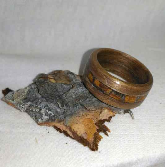 Spruce Bark and Black Walnut Bent Wood Ring
