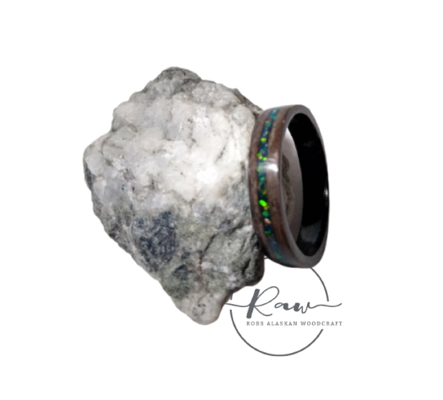 Opal and Gray Oak Bent Wood Ring
