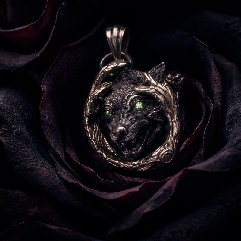 Wolf Pendant Green Moissanite Eyes