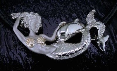 DESIGNER JEWELRY-14k GOLD AND STERLING SILVER MERMAID w/DOLPHIN NECKLACE