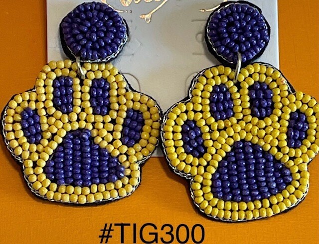 Purple and Gold Beaded Tiger Earrings