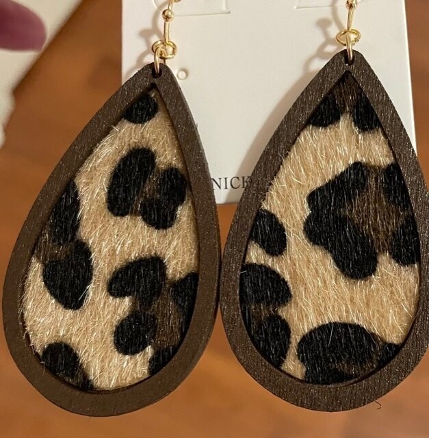 Wood Leopard Teardrop Earrings