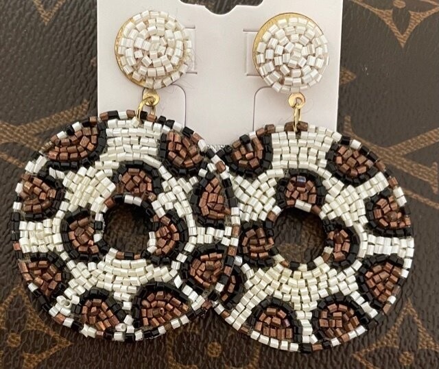 Ivory and Brown  Beaded Circle Earrings