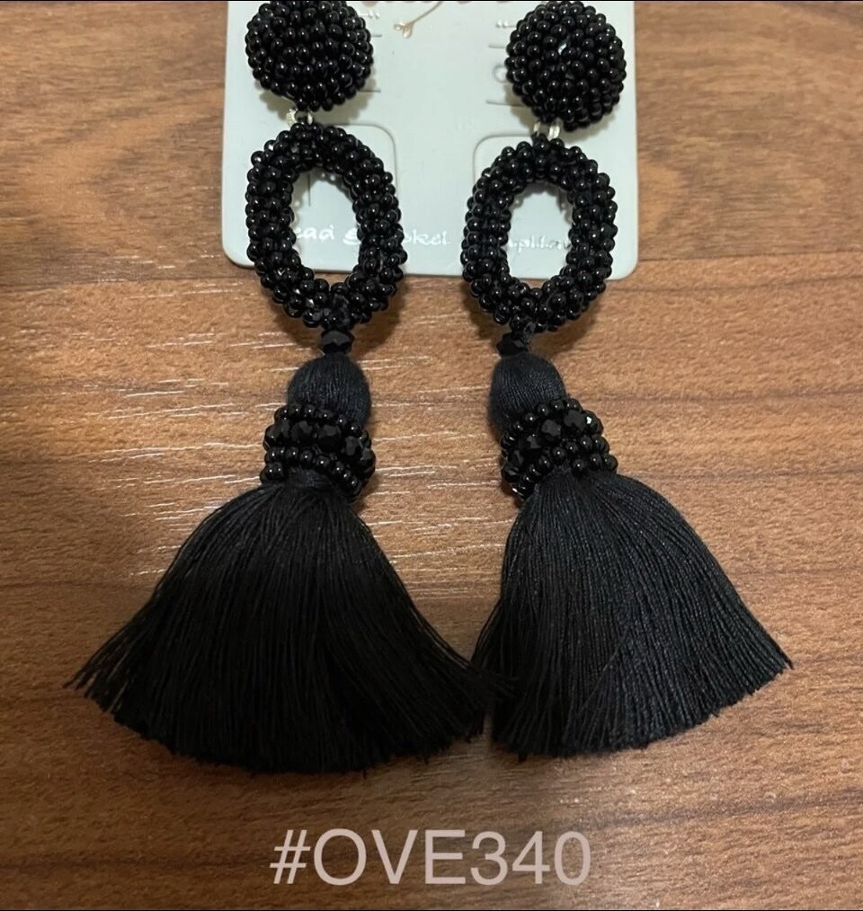 Black Oval Beaded Tassel Earrings