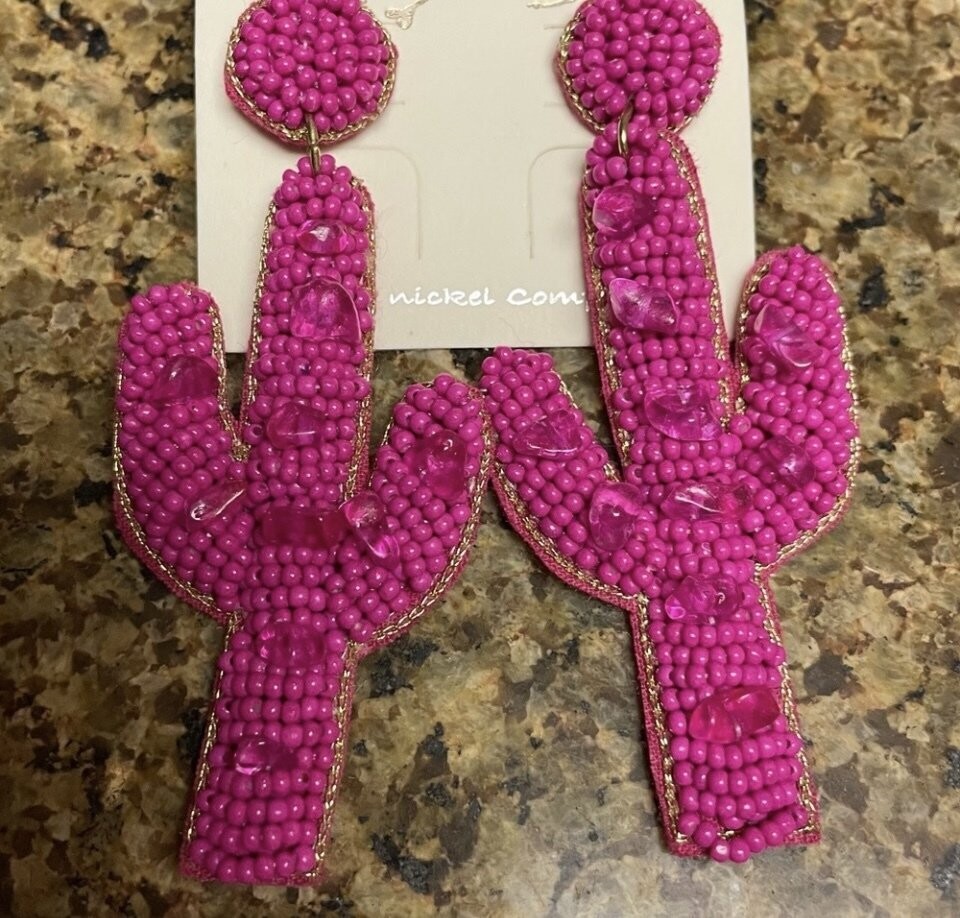 Pink Beaded Cactus Earrings