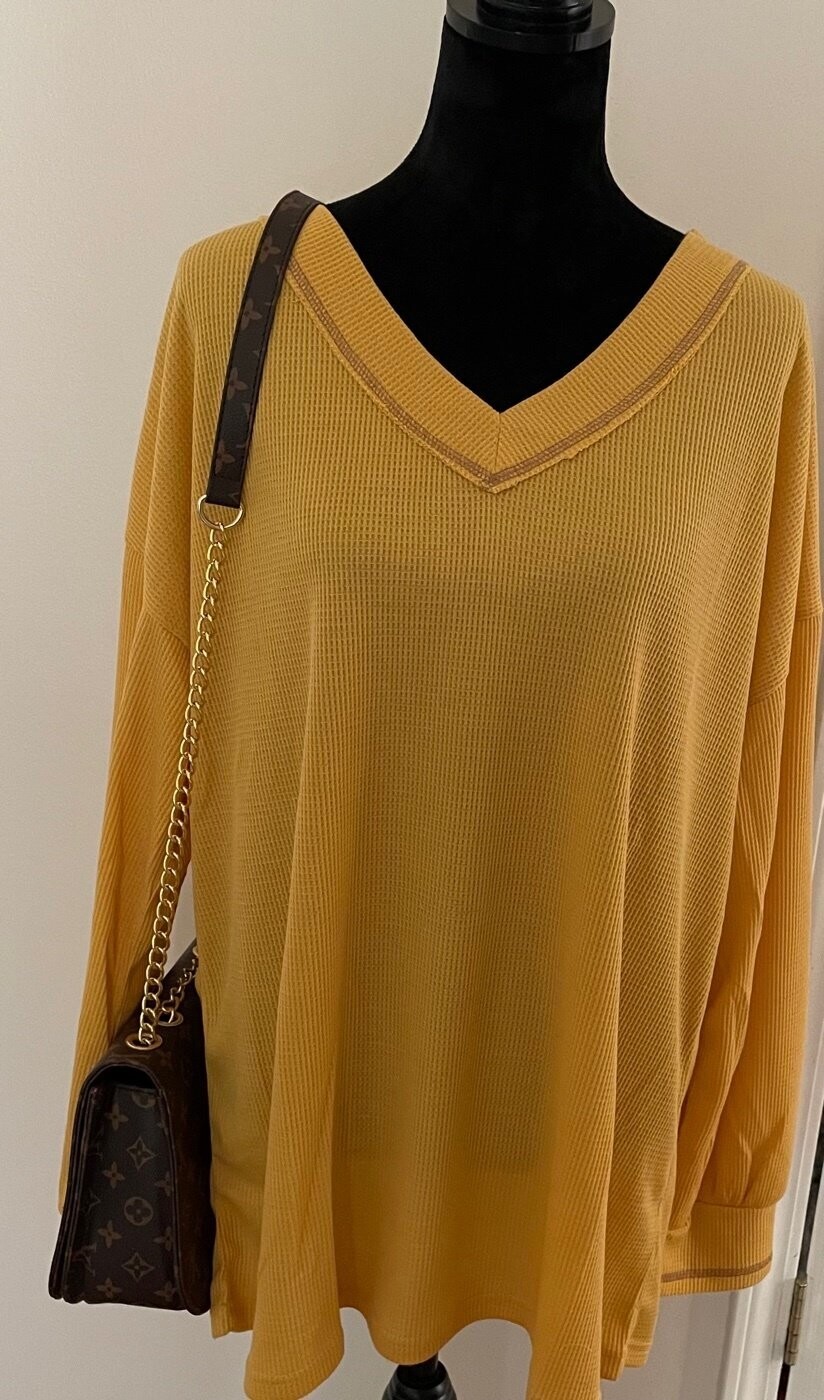 Long Sleeve Mustard Waffle Knit Shirt