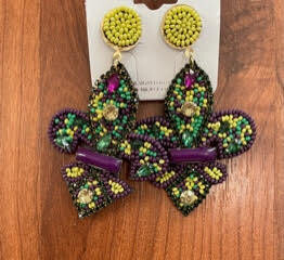 Mardi Gras Fleur de Lis Beaded Earrings
