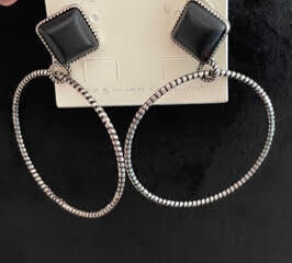 Black and Silvertone Belle Hoop Earrings