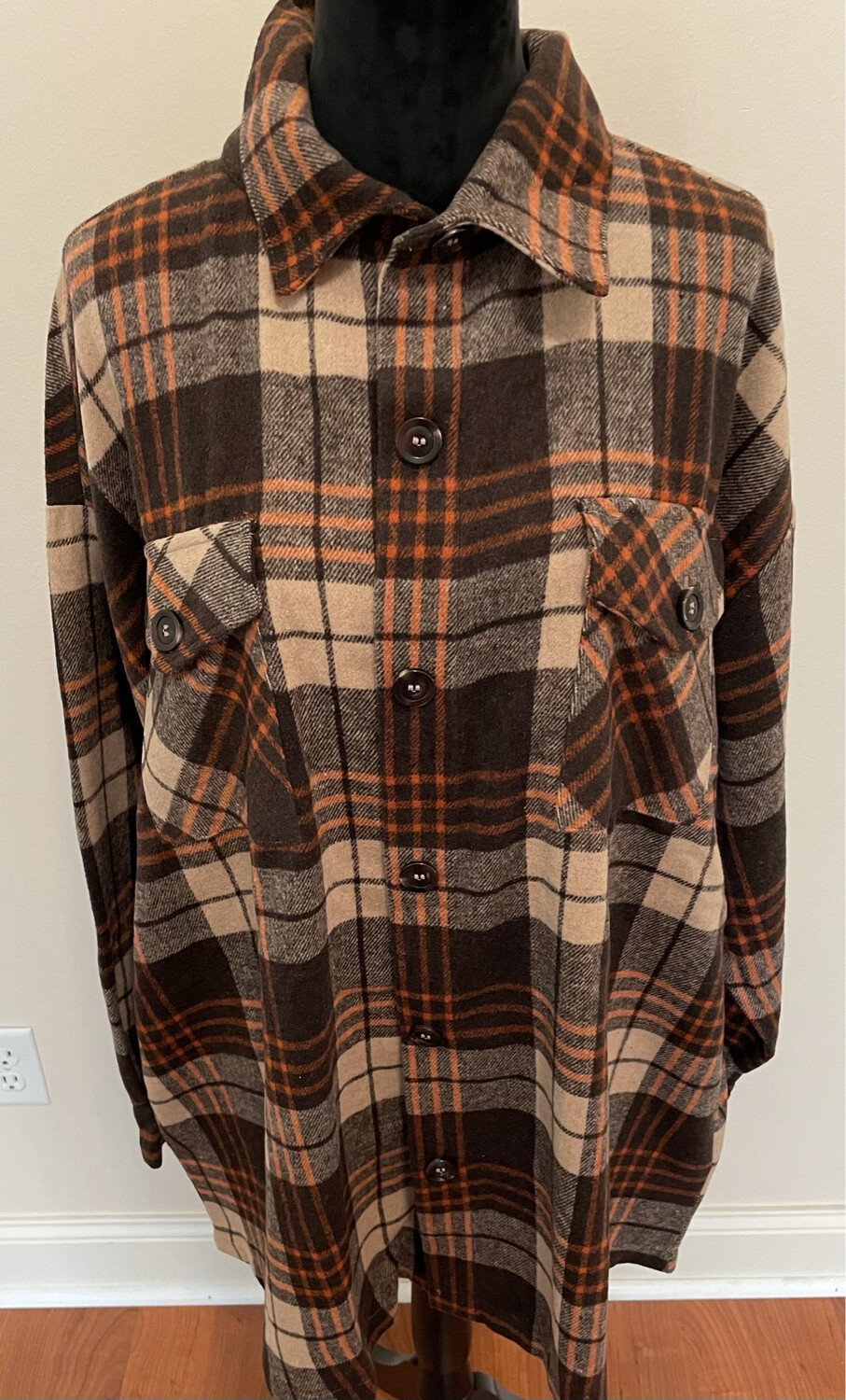 Brown Plaid Button Front Shacket Size 2X