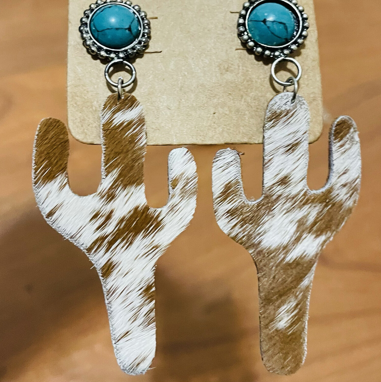 Leather Brown Cactus and Turquoise Earrings