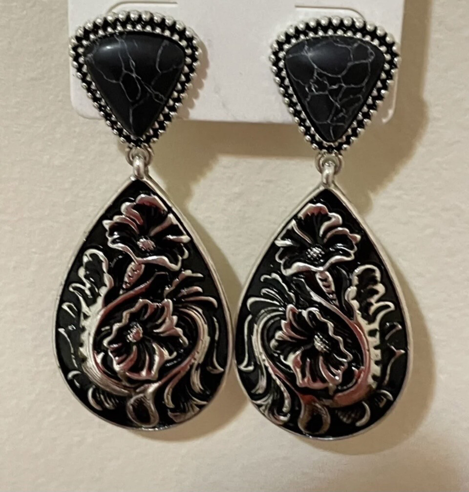 Leighton Black Silver Teardrop Earrings