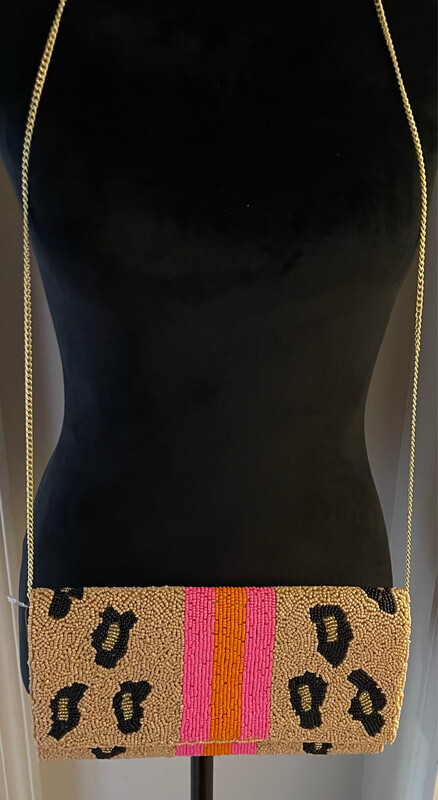 Caroline Rees Leopard and Stripes Beaded Crossbody Purse