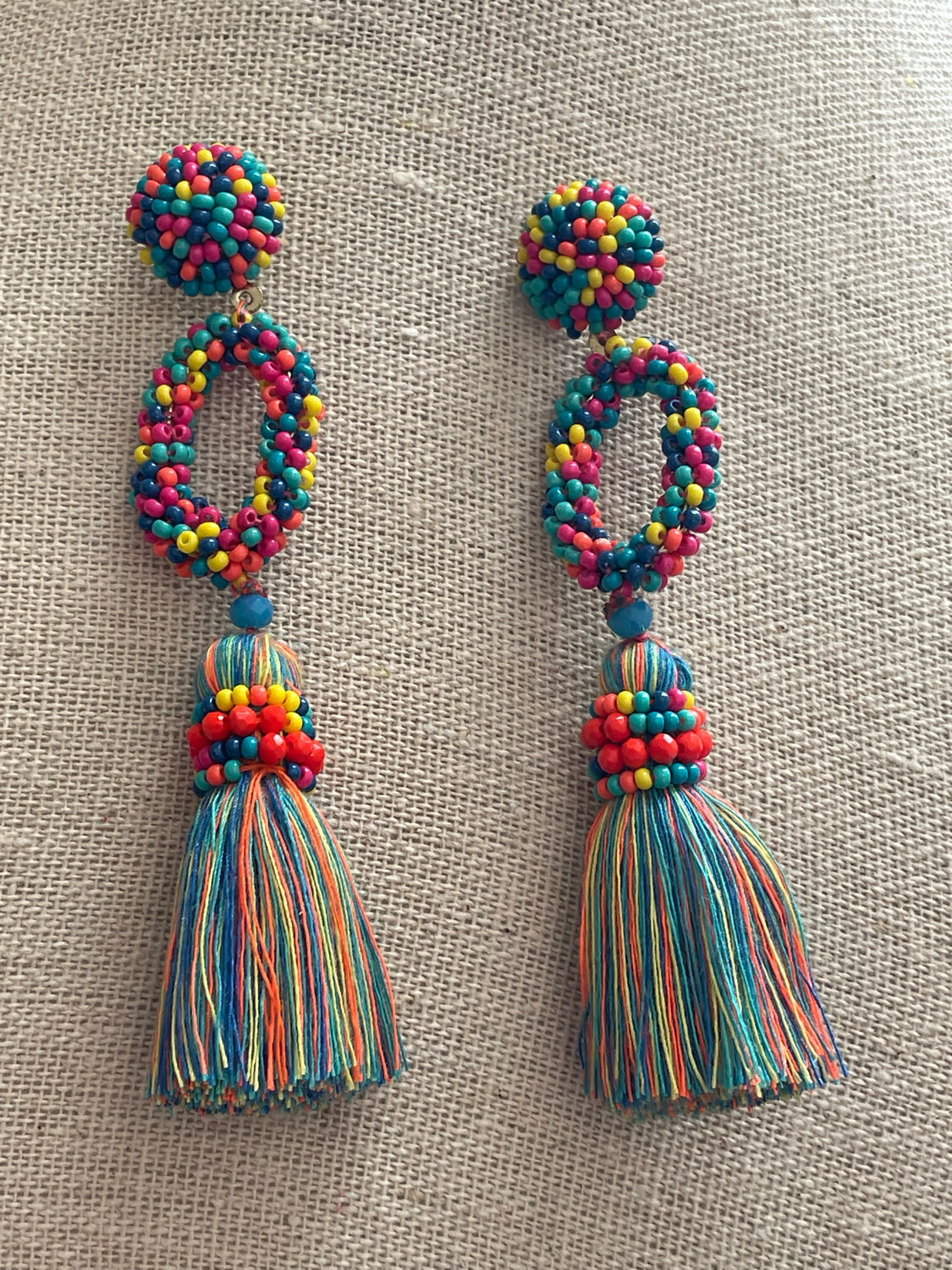 Multicolor Beaded Oval Tassel Earrings