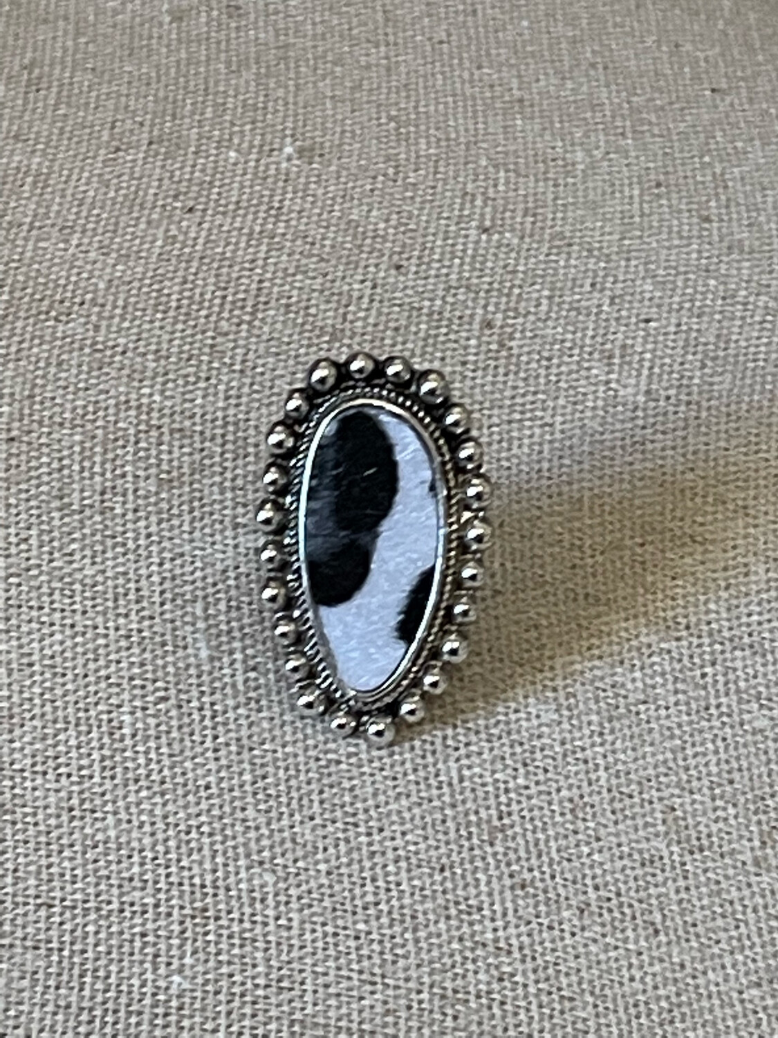 Charlotte Black and White Cow Print Adjustable Ring Silver