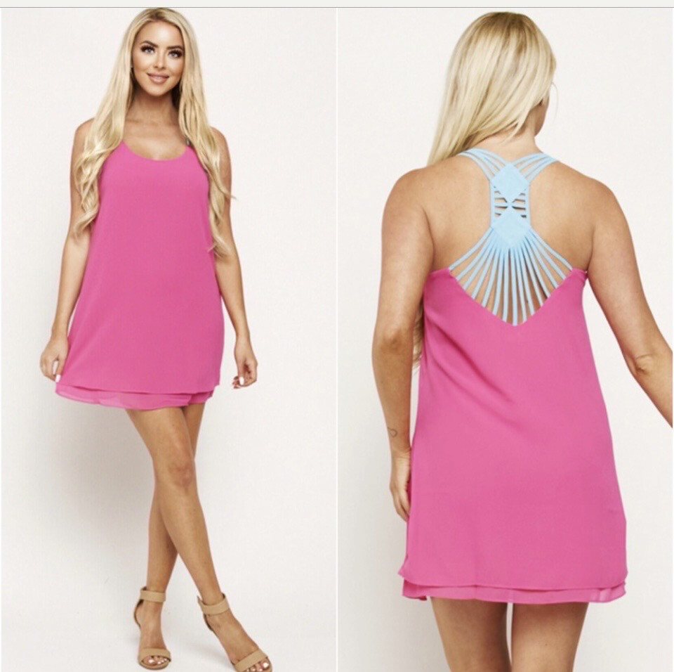 Ann McGhee Pink and Turquoise Dress with Caged Back