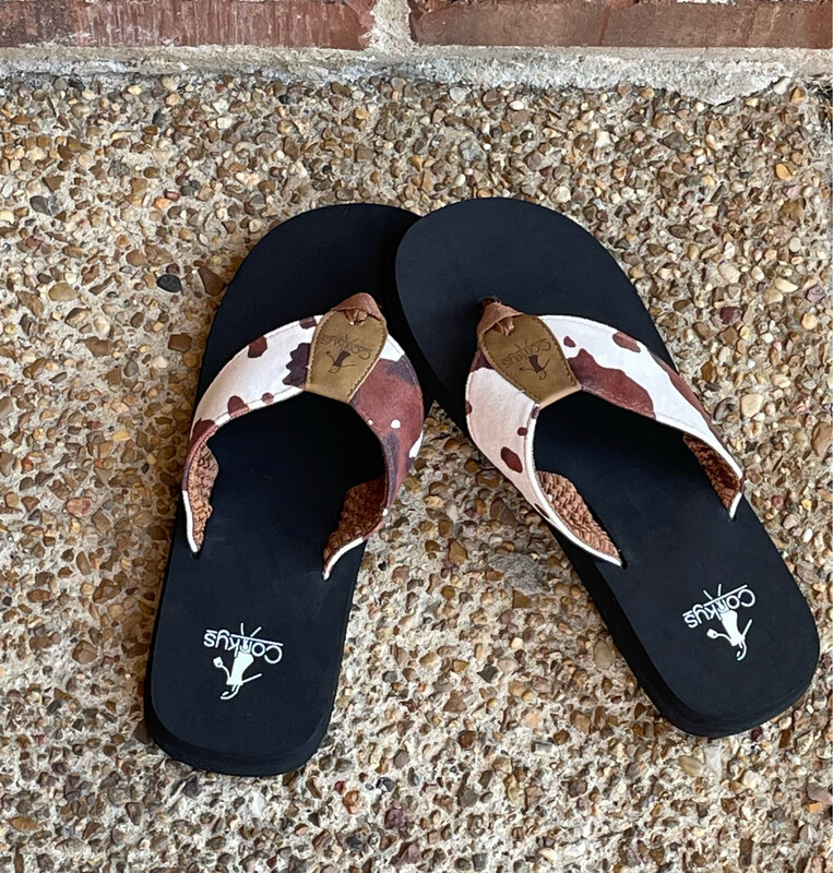 Corkys Cattle Brown Cow Print Flip Flop Sandals