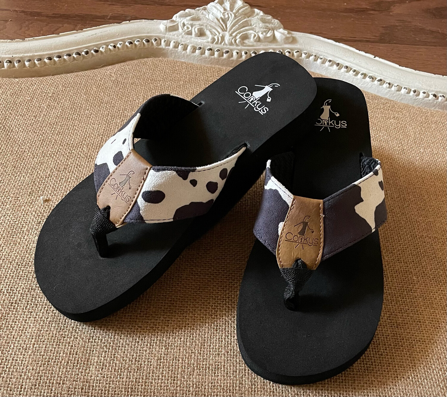 Corkys Footwear Cattle Black and White Cow Print Flip Flip Sandals