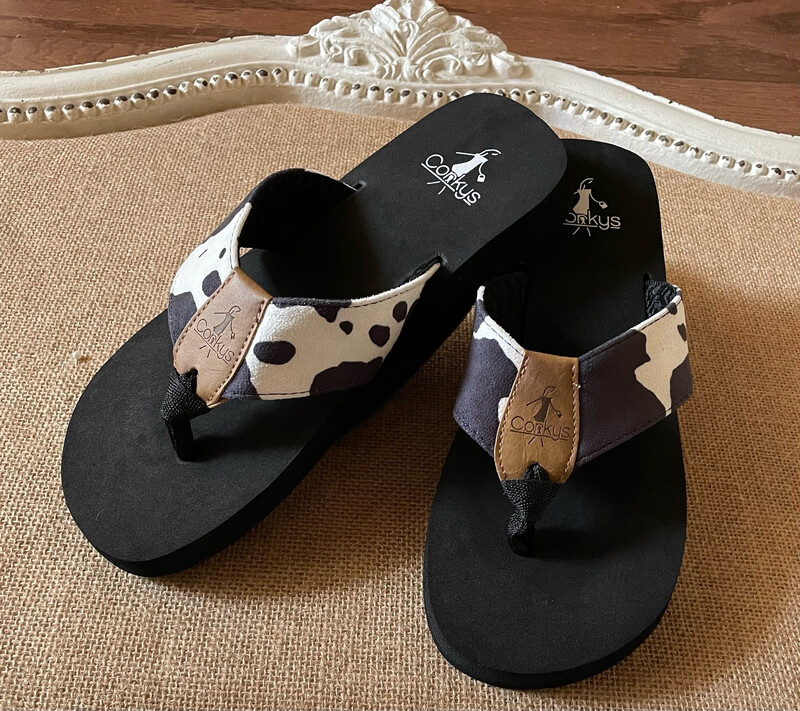 Corkys Footwear Cattle Black and White Cow Print Flip Flip Sandals