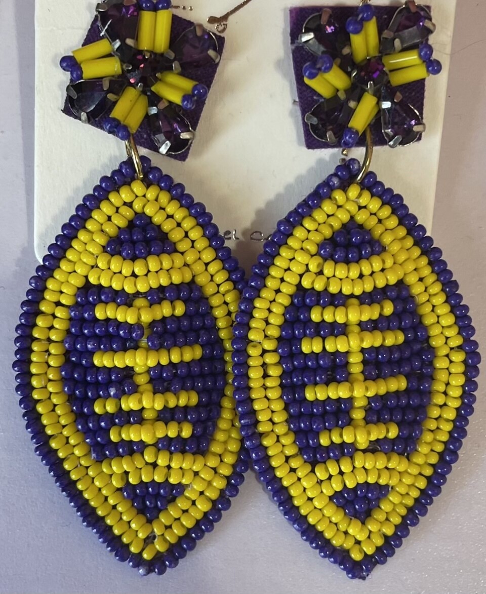 Purple and Gold Beaded Football Earrings
