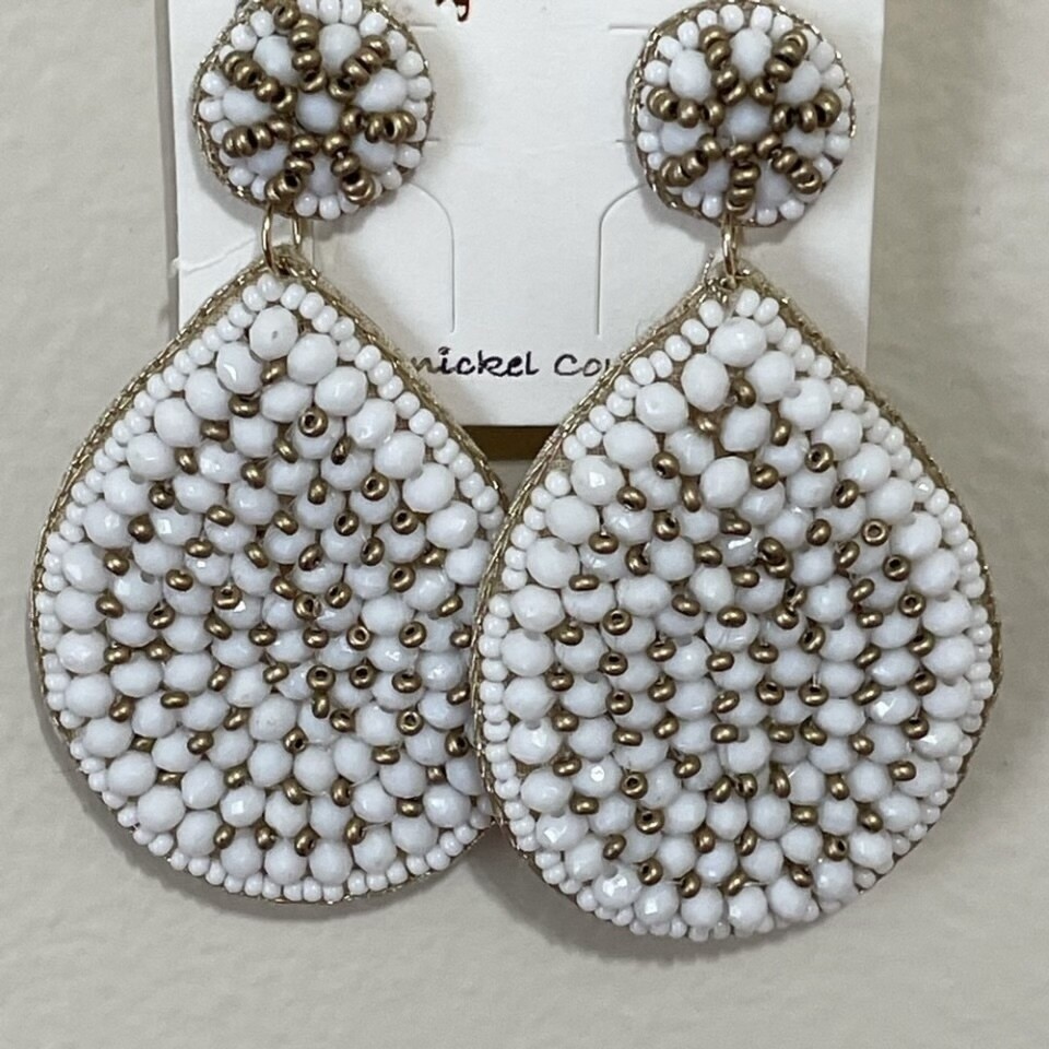 Daria White and Gold Beaded Teardrop Earrings