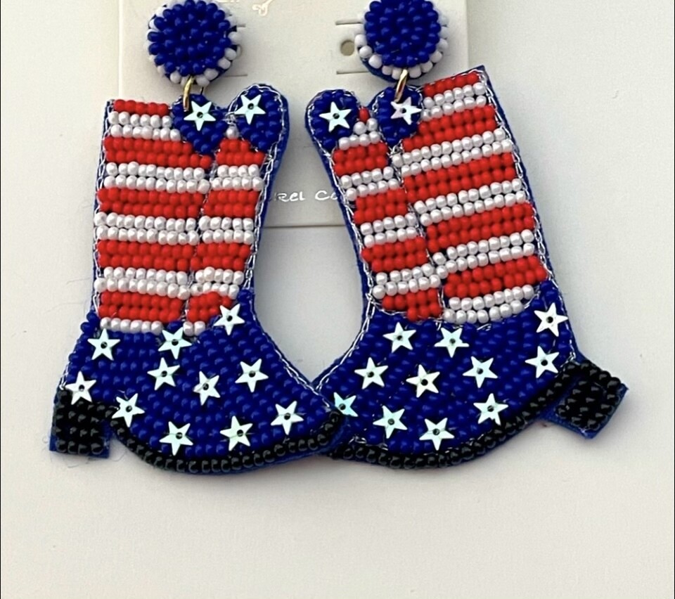 Patriotic Red White and Blue Boots Beaded Earrings
