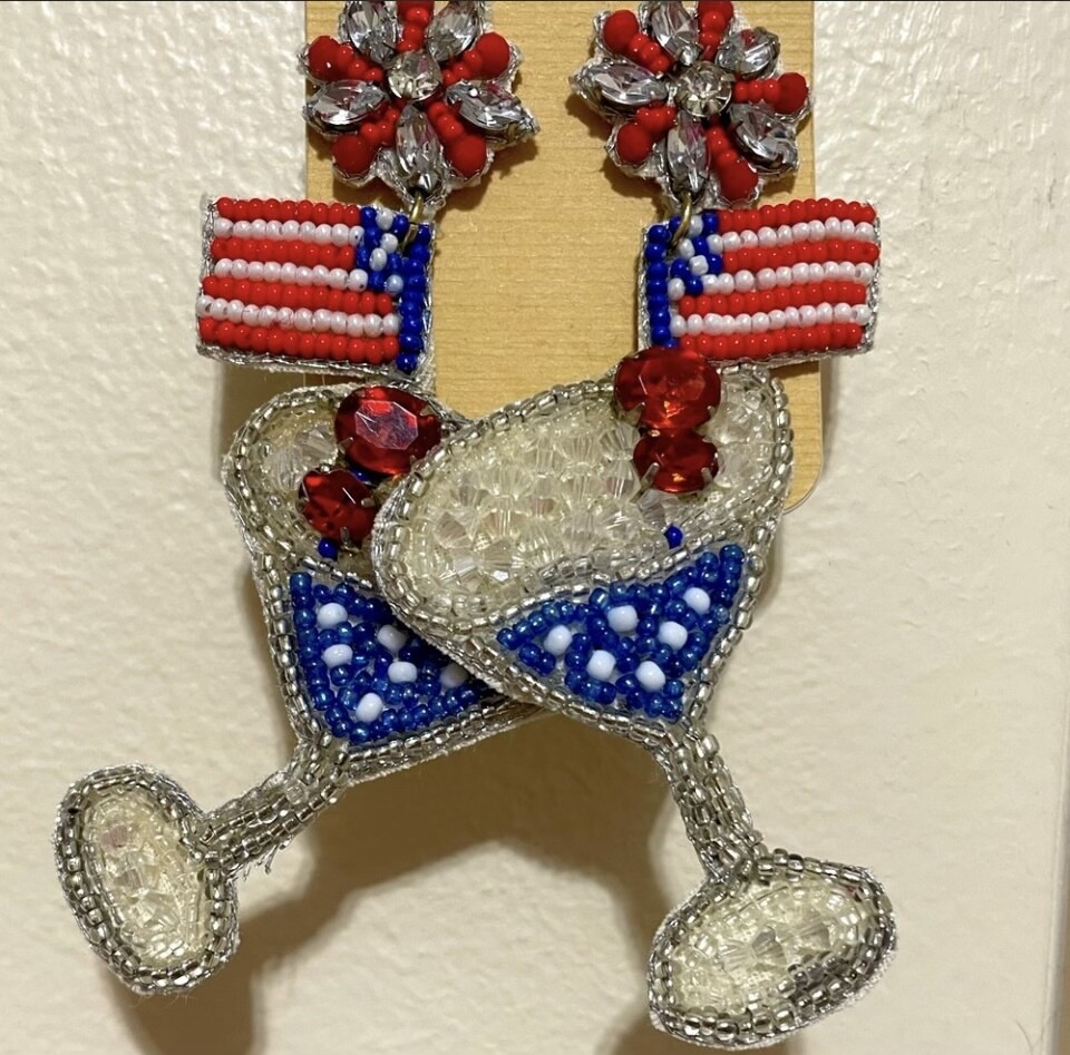 Patriotic Red White and Blue Beaded Crystal Cocktail Earrings