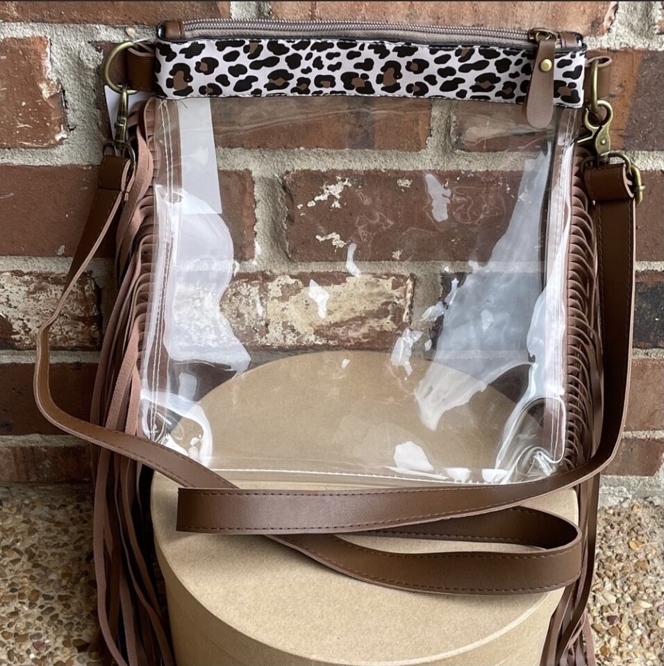 The Delta Leopard Print Clear Fringe Crossbody Shoulder Bag