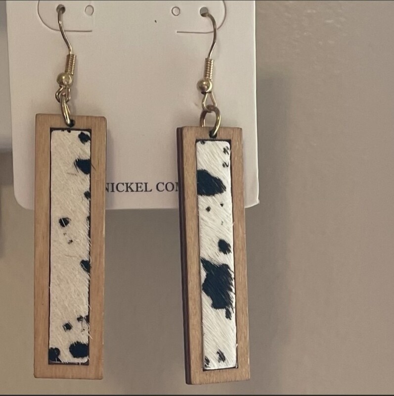 Wood Black Cow Print Earrings