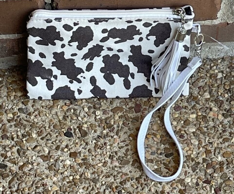 Laura Jane Brown Cow Print Zipper Closure Wristlet with Fringe