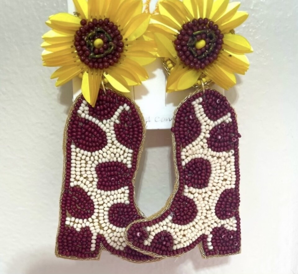 Caroline Brown Cow Print Boots Sunflower Beaded Earrings