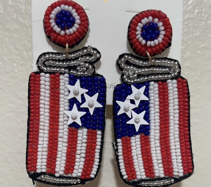 Patriotic Red White and Blue Beaded Can Earrings