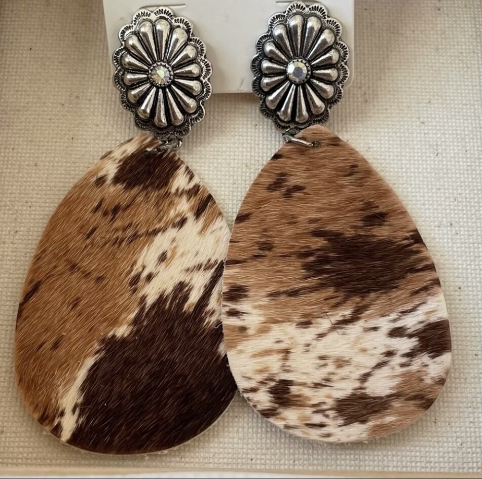 Elise Leather Brown Cow Print Teardrop Earrings
